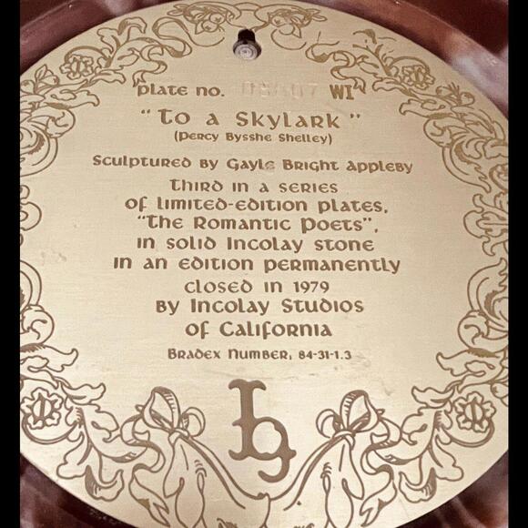 ❤️SOLD❤️Vintage Incolay Stone Cameo Collector Plate “To A Skylark” 1979 - Picture 3 of 5
